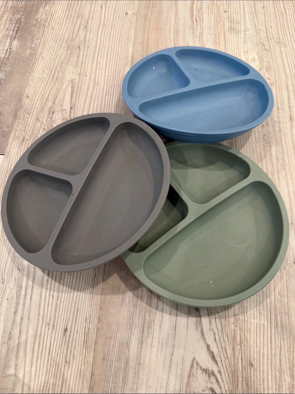 Set of 3 Silicone Divided Plates in Blue, Gray, and Sage